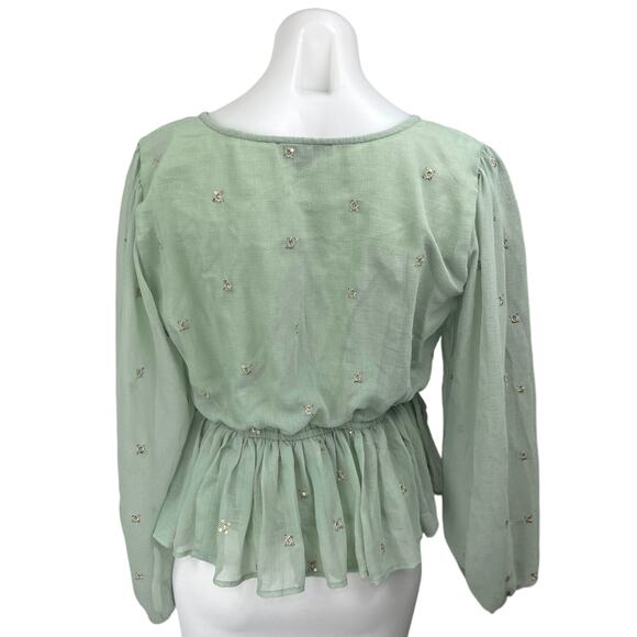 Lulus Green Long Sleeve Embellished Faux Wrap V Neck Peplum Blouse Top Size M - Picture 2 of 5